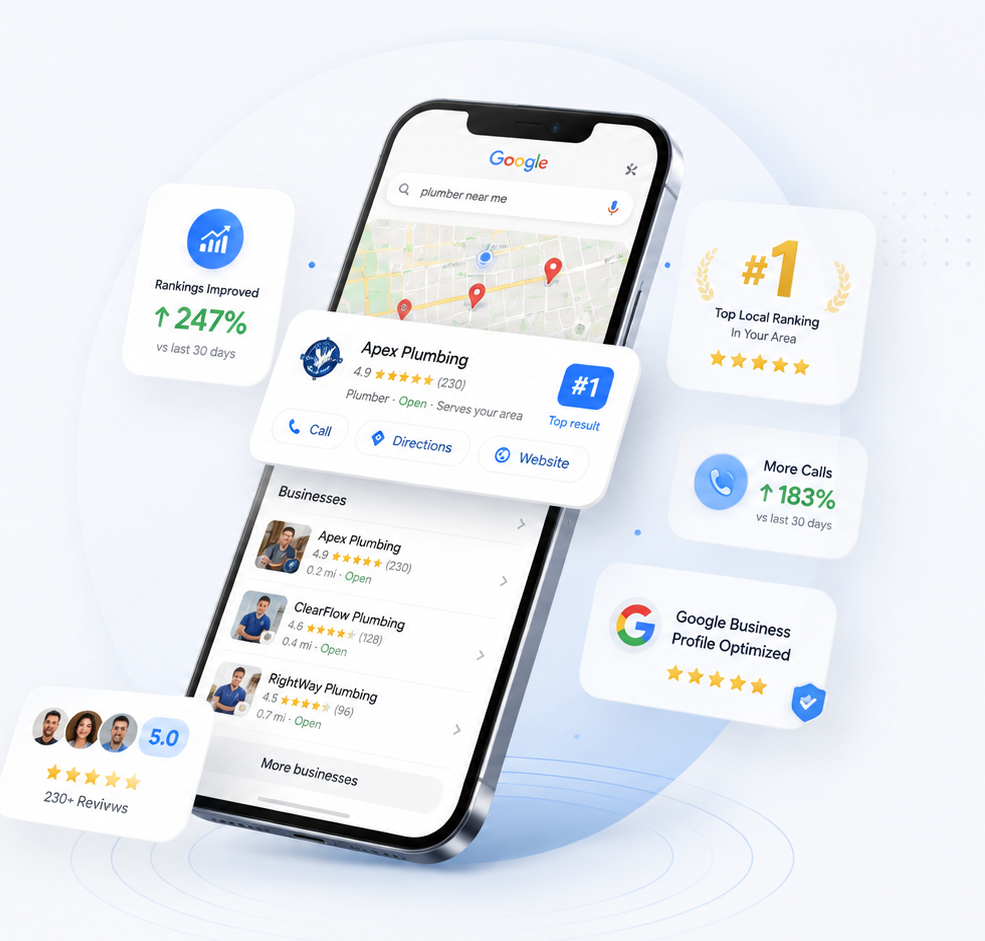 Phone showing Google Business Profile local search results with a business ranked number one